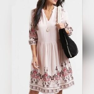 2029) World Market Pink Boho  Rayon Embroidered 3/4 Sleeve Dress Size L/XL